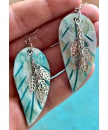 MOTHER of PEARL Blue etches LEAF EARRINGS with Silver Dangling Leaves  2... - £20.10 GBP