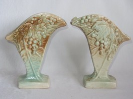 2 Vintage Art Pottery Rustic Vases Grape Vine Decor McCoy ? Fan Shaped - £19.64 GBP
