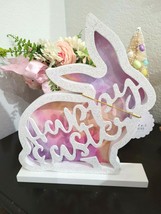 Easter Bunny Rabbit Glitter Pastel Wood Tabletop Sign Home Decor 11.75&quot; - $21.77