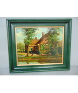 ANTIQUE OIL PAINTING ON CANVAS OF A PRIMITIVE COUNTRY FARM SCENE - $475.40 CAD