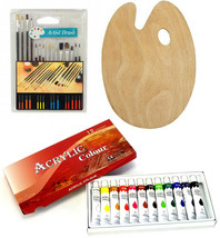Painting Starter Kit 12 Color Acrylic Paints, 15 Brushes w/ Wood Painter... - $18.99