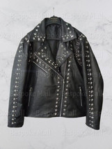 New Men&#39;s Black Silver Studded Brando Punk Genuine Cowhide Leather Jacket-992 - £215.81 GBP