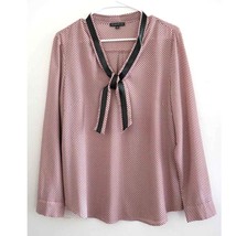 Adrianna Papell Long Sleeve Polka Dot Tie Neck Blouse Pink Black Large - $30.00