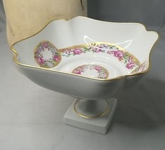 Limoges Ceramic Pedestal Candy Trinket Dish Hand Painted Floral Gold Edge - £24.80 GBP