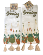 Kitchen Cotton Dish Tea Towels Tasseled Plants Embroidered Set Of 2 Keep Growing - £23.02 GBP