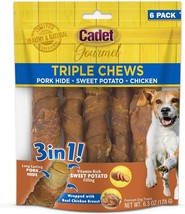 Cadet Gourmet Pork Hide Triple Chews with Chicken and Sweet Potato 6 count Cadet - £14.89 GBP