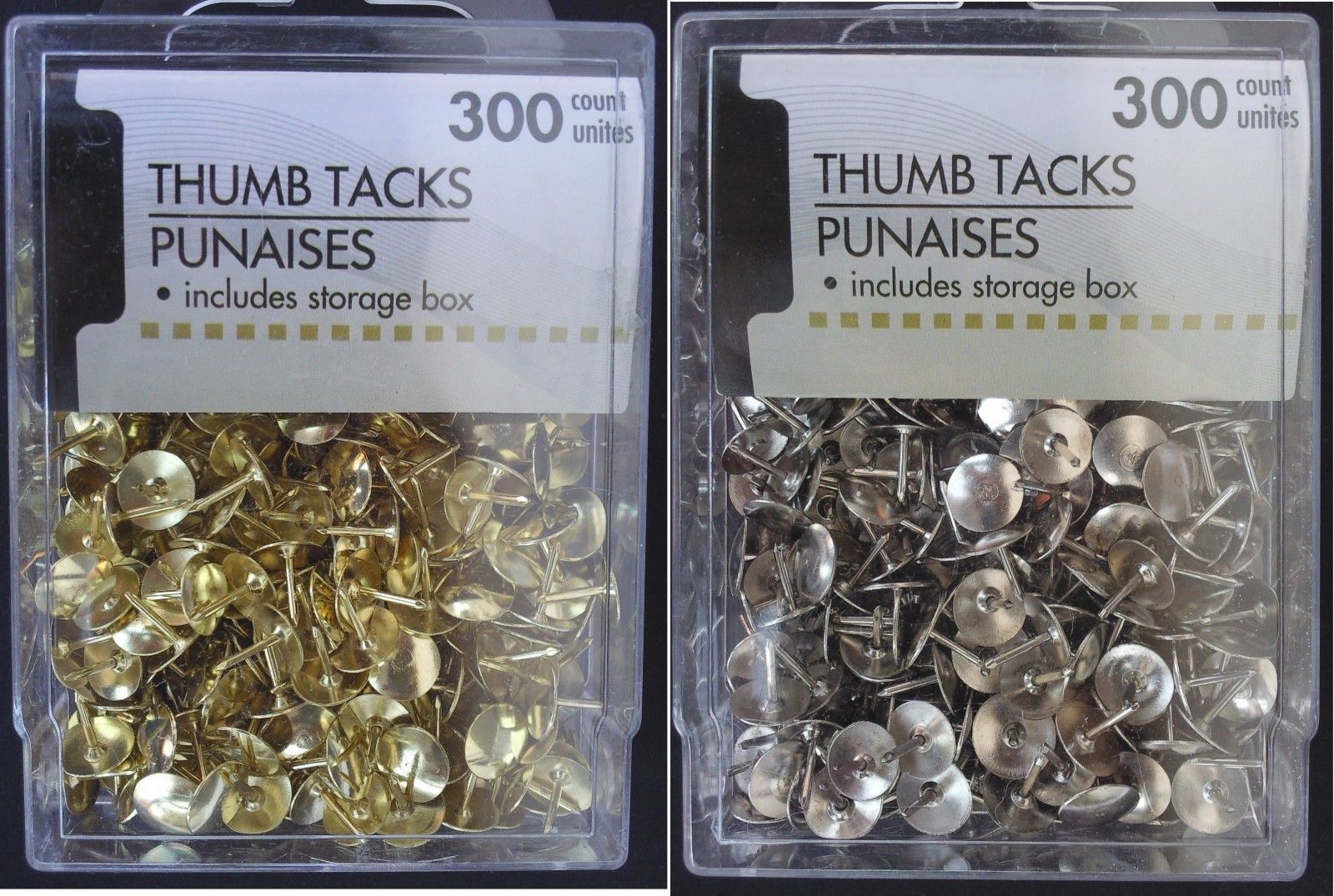 METAL THUMB TACKS IN SNAP-LOCK STORAGE BOX Select Gold or Silver 300 Count/Box - $2.99
