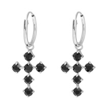Black Sparkling Faithful Cross Cubic Zirconia Sterling Silver Mini Hoop Earrings - £9.35 GBP