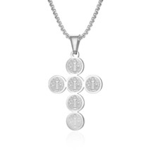 Silver Saint Benedict Medal Cross Pendant Necklace Protection Jewelry Chain 24&quot; - £7.77 GBP