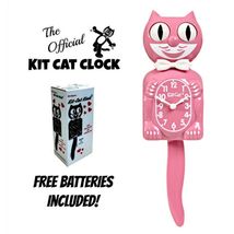 PINK SATIN KIT CAT CLOCK 15.5" Retro Free Battery Official Kit-Cat Klock... - $79.99