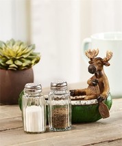 Moose Salt and Pepper Set with 2 Glass Shakers in Green Canoe with Paddle Resin image 1