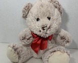 plush tan beige cream sitting teddy bear red ribbon bow stuffed animal h... - $9.89