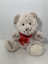 plush tan beige cream sitting teddy bear red ribbon bow stuffed animal h... - £7.75 GBP