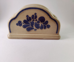 Pfaltzgraff Stoneware Folk Art Pattern Napkin Holder Vintage Tan Blue - £15.89 GBP