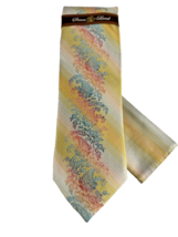 Steven Land Men&#39;s Tie &amp; Hanky Gold Coral Turquoise Striped Paisley Big Knot Silk - £30.91 GBP