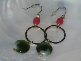 Estate Orange with Open Silvertone Circle &amp; Green Swirl Bead Dangle Earrings for - £6.75 GBP