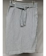 J. Crew Denim Midi Skirt Navy Blue White Stripes Size 27 Belted Stretch ... - $442.30 MXN