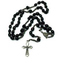 Vintage Small Catholic 5 Decade Rosary Black Beads Silver Tone Crucifix  - $16.00