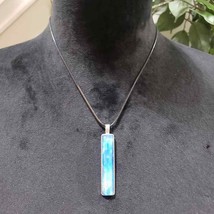 Womens Fashion Silver Bazel Blue Long Rectangle Glass Bar Pendant Necklace - £18.38 GBP