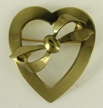 Vintage Costume Jewelry Brass Metal Open Ribbon Heart Brooch Pin 2&quot; Tall - €9,77 EUR