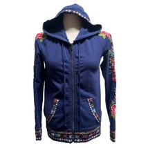 Johnny Was Blue Embroidered Hoodie Zip Up Women&#39;s Top Blouse Floral XS B1 - £55.16 GBP