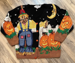 Vtg The Eagles Eye Halloween Fall Scarecrow Pumpkin Jack-o-Lantern Sweater Large - £46.39 GBP