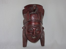 Carved Wood Hanging Mask Vintage Asian Face Inlaid Teeth Glass Eyes Smiling - $59.39