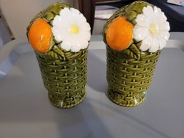 Vintage Large Salt Pepper Shakers Porcelain Basket Weave Fruit Daisy 3D 7.5&quot; - £15.18 GBP