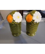 Vintage Large Salt Pepper Shakers Porcelain Basket Weave Fruit Daisy 3D ... - £15.14 GBP