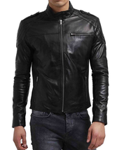 Men&#39;s Genuine Lambskin Leather Jacket Black Slim fit Motorcycle jacket - MJ069 - £93.92 GBP