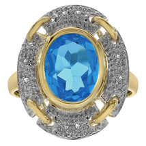 3.00 Carat Blue Topaz and 0.08 Carat Diamond Accent Ring 14K Yellow Gold - £285.64 GBP