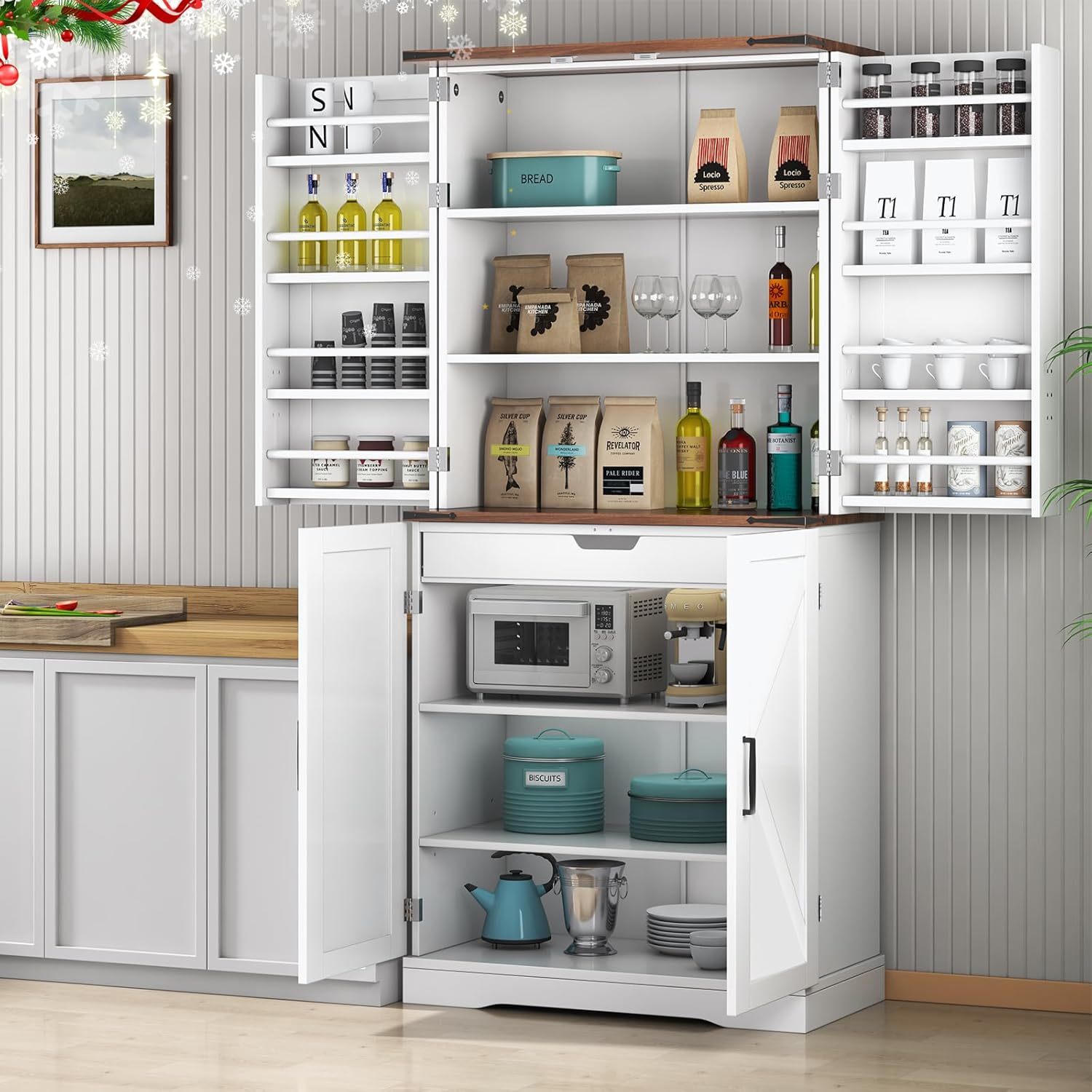 Gizoon 71'' Kitchen Pantry Storage Cabinet, Freestanding Pantry Organizers  And Storage Cabinet With 4 Doors And 4 Adjustable Shelves, Tall Cabinet  With Large Drawer For Kitchen, Living Room, Bathroom, image size:1500x1500
