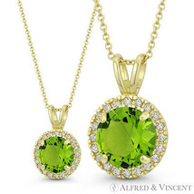 Round Cut Simulated Peridot &amp; Cubic Zirconia CZ Halo Pendant in 14k Yellow Gold - £68.26 GBP+