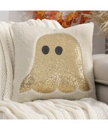 Halloween Fall Throw Pillow Cover 18X18 Gold Glam Sequin Ghost  With Fur - $19.31