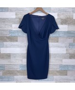 Glamour Faux Wrap Ponte Sheath Dress Navy Blue Tulip Sleeve Lined Womens... - $24.73