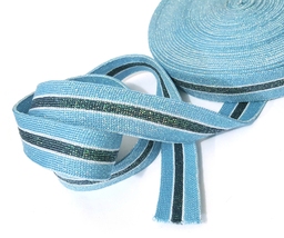 3/4&quot; /2cm wide 8yd Antique Blue w/ Smoke Blue Stripe Glitter Poly Knit T... - $8.99