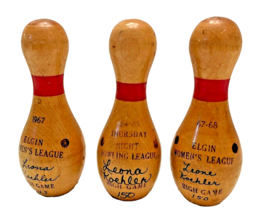 Bowling Pins 3 Miniature Trophy Awards 1960s Wood High Game 4&quot; Tall Vintage - £16.80 GBP