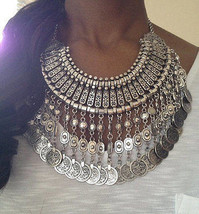 Silver Bohemian Gypsy Vintage Choker Tribal Necklace - £46.32 GBP