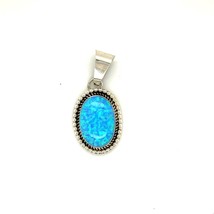 Vintage Handmade Signed Sterling Navajo Oval Iridescent Blue Opal Stone Pendant - £59.35 GBP