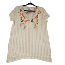 Solitaire Top Womens Med Cream V Neck Blouse Embroidered Bird Boho Shirt Peasant - £12.80 GBP