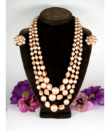 Vintage STANLEY HOME HOSTESS GIFT 3 Strands PEACH Bead Necklace Clip Ear... - $401.18 MXN