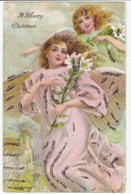 Vintage Postcard Christmas Angels and Lilies Glitter Early 1900&#39;s Undivi... - £7.77 GBP