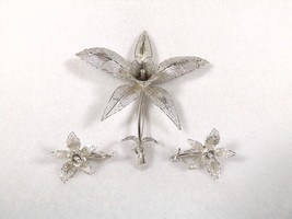 Finest Vintage Sterling Filigree Orchid Brooch &amp; Earring Set Superb Work... - $87.66