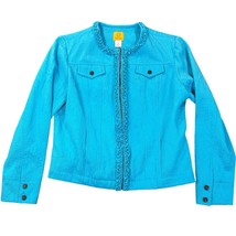 Ruby Rd Jacket Womens 12 Teal Blue Ruffle Trim Full Zip Brocade Medium W... - $31.99