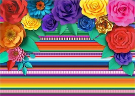 Mexican Theme Party Striped Backdrop Fiesta Cinco De Mayo Paper Flowers Backgrou - £20.85 GBP