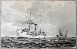 Incredibly detailed Charcoal Drawing Steamship and Chinese Junk H Huyser 1940 - £155.00 GBP
