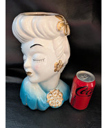 Glamour Girl Lady Head Vase Pinup Planter White Blue Betty Grable 11 In ... - $102.18 CAD