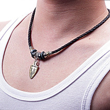Braided Leather Cord Necklace with Ancient Sword Pendant - £7.67 GBP