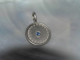 Estate Ganz Pewter Disk with Center Blue Birthstone Rhinestone Charm Pendant ––  - £6.75 GBP