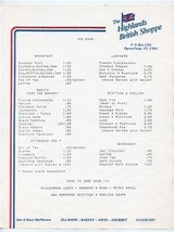 The Highlands British Shoppe Tea Room Menu Pigeon Forge Tennessee 1990&#39;s - £14.03 GBP